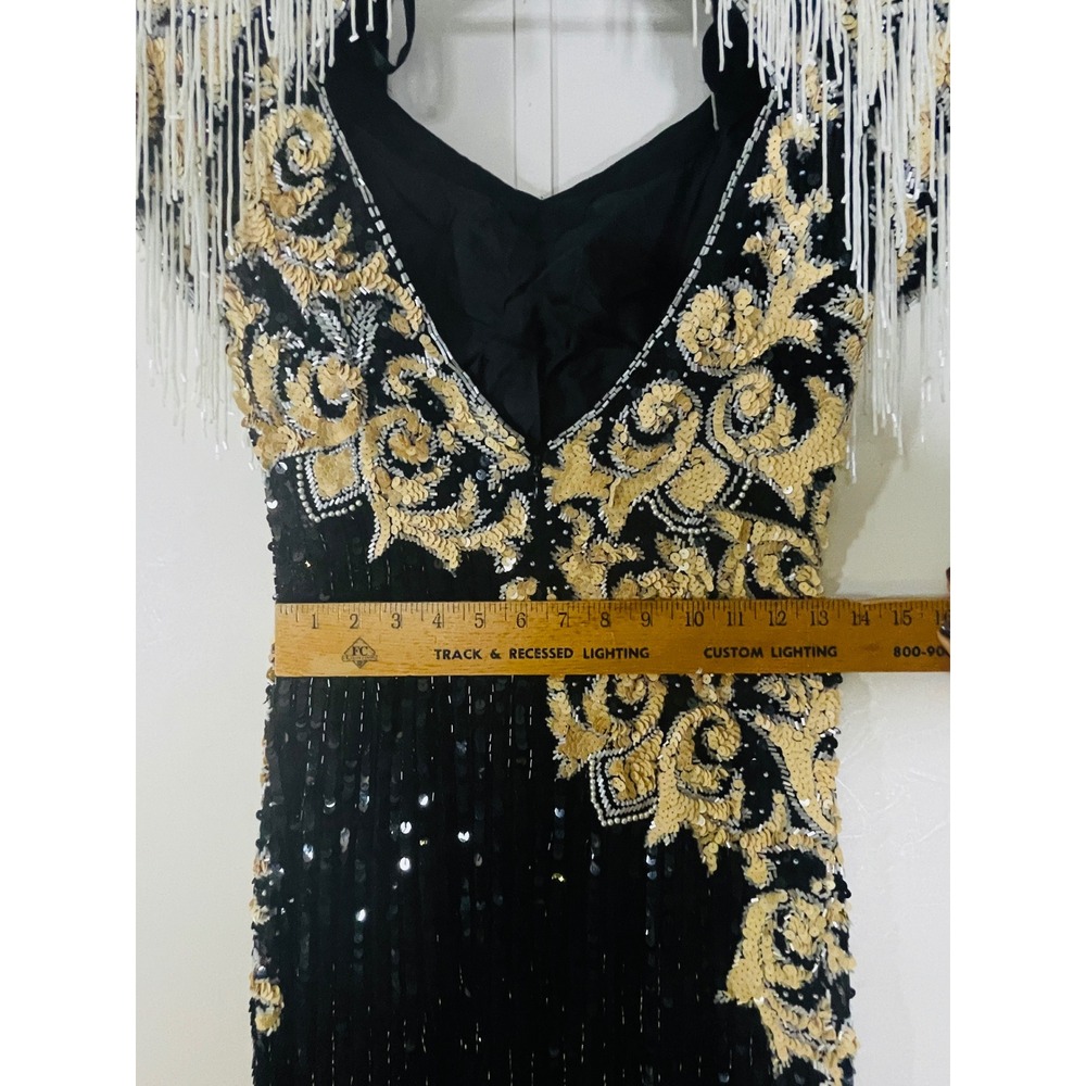 Gatsby Art Deco 80s Glam Black Gold Sequin Fringe Silk Gown Nite Line SZ 6 - Picture 9 of 10